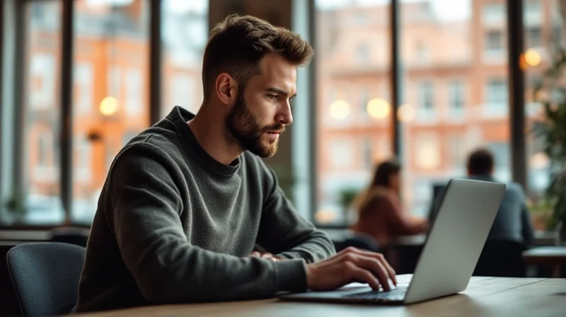 Oldenburger Angestellter im Coworking-Space in Innenstadtnähe mit Laptop, im Hintergrund Backstein-Architektur