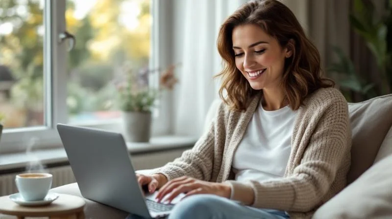 Oldenburger Quereinsteigerin lernt am Laptop in einem ruhigen Wohnzimmer